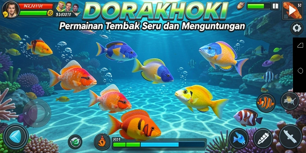 Screenshot gameplay DORAHOKI menampilkan serunya menembak ikan berenang.