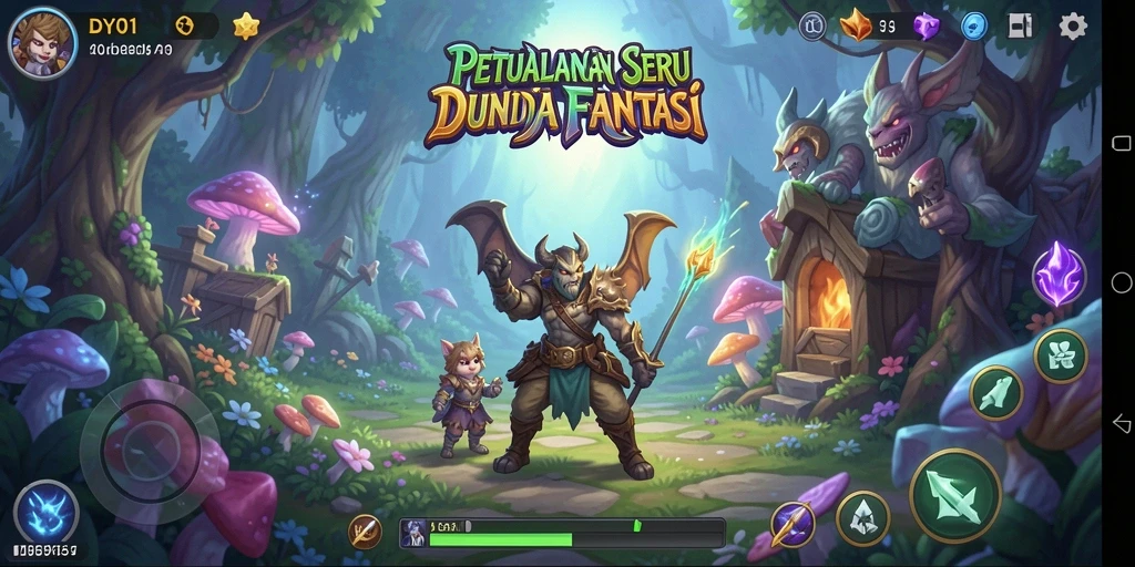 Tangkapan layar gameplay DY01 dengan pertarungan karakter di dunia fantasi.