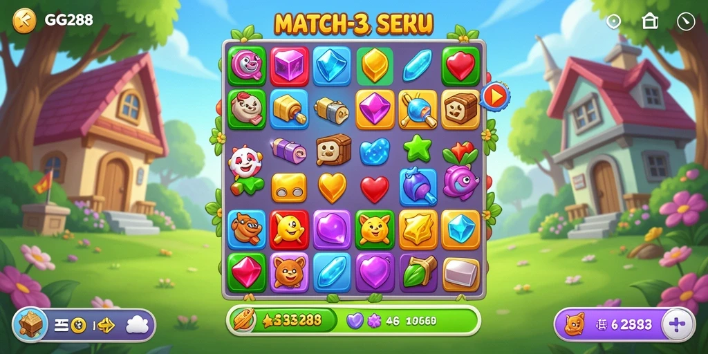 Screenshot gameplay GG288 menunjukkan momen seru mencocokkan item Match-3.