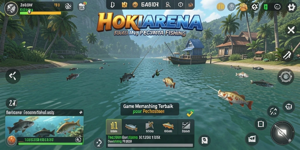 Screenshot gameplay HOKIARENA menampilkan aksi memancing yang seru.