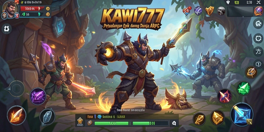 Screenshot gameplay KAWI777 menunjukkan pertarungan seru dalam dunia fantasi.