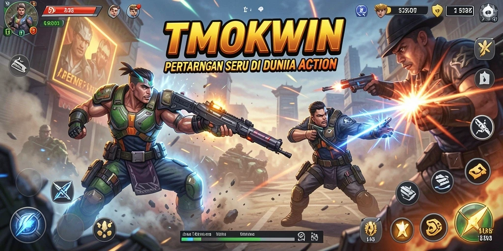 Tangkapan layar utama TMOKWIN menunjukkan aksi seru dalam pertempuran.