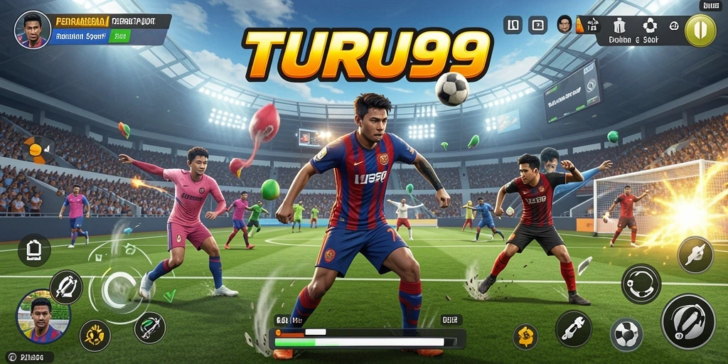Screenshot TURU99 menampilkan aksi permainan seru di lapangan olahraga.