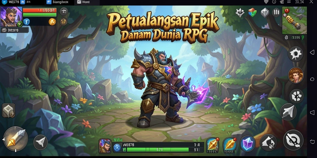 Screenshot utama menampilkan pertarungan seru dan eksplorasi dalam dunia RPG.